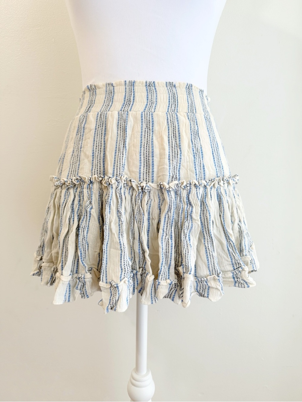 MISA LOS ANGELES MARION CREAM WHITE BLUE STRIPED ELASTIC WAIST MINI SKIRT
